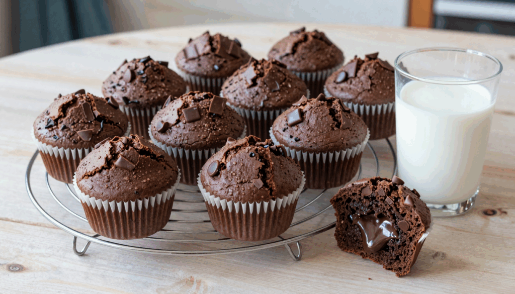 Zwölf Schokomuffins auf dem Gitter, einer aufgebrochen mit geschmolzenen Schokoladenstücken