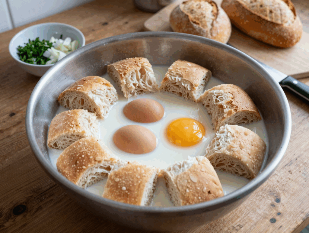 Gewürfelte alte Brötchen weichen in warmer Milch ein, daneben Eier und Petersilie