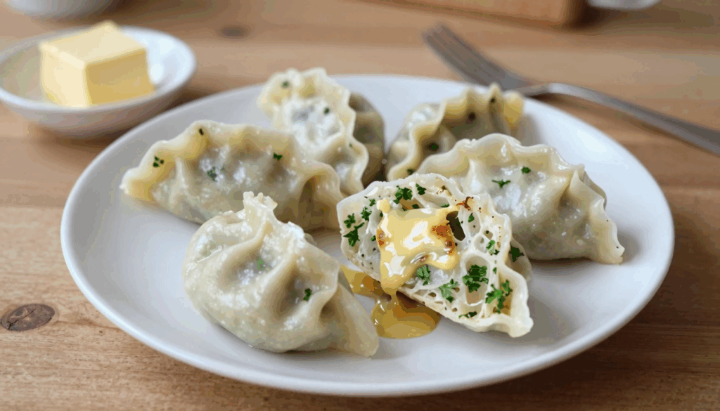 Semmelknödel aus alten Brötchen auf einem weißen Teller mit brauner Butter