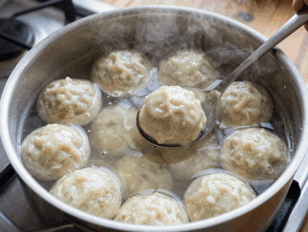 Semmelknödel ziehen in leise siedendem Salzwasser im großen Topf