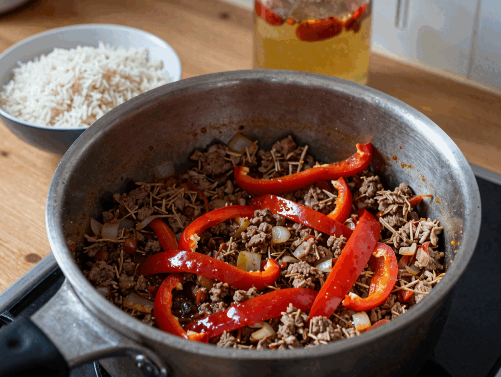 Hackfleisch, Zwiebeln und Paprika braten im Topf, daneben der trockene Reis