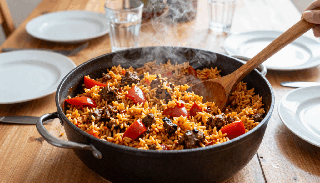 Serbischer Reistopf mit Hackfleisch und Paprika in einem großen Topf auf dem Familientisch