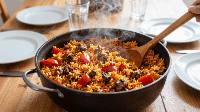 Serbischer Reistopf mit Hackfleisch und Paprika in einem großen Topf auf dem Familientisch