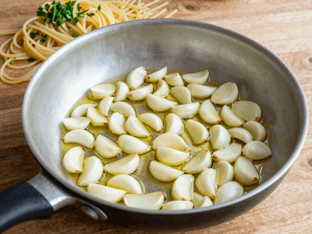 Knoblauchscheiben ziehen langsam im Öl in der Pfanne