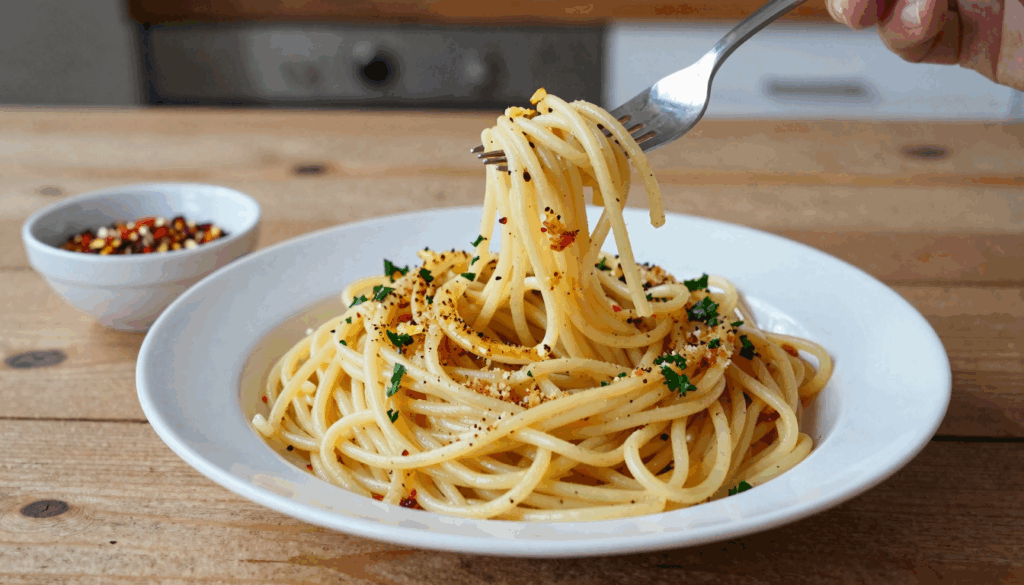 Teller Spaghetti Aglio e Olio mit Knoblauchscheiben und Petersilie