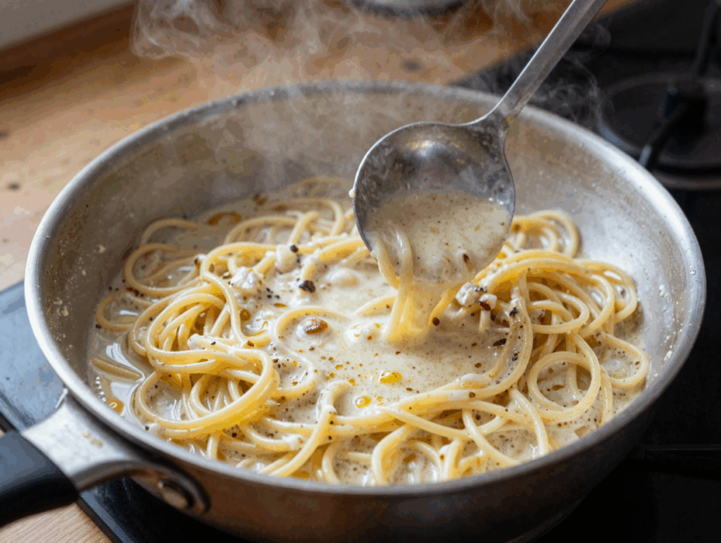Spaghetti werden mit Nudelwasser in der Pfanne geschwenkt