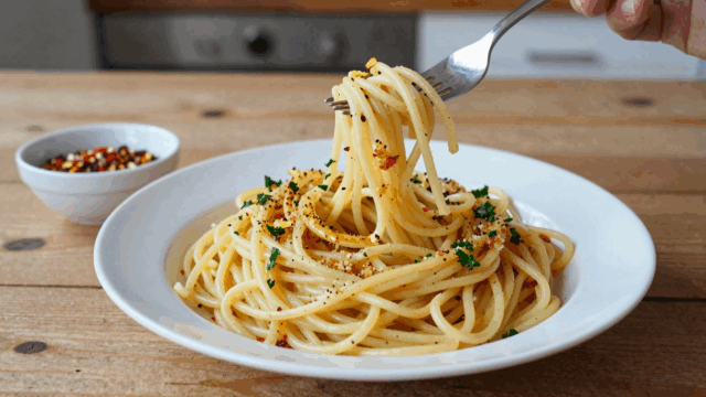 Teller Spaghetti Aglio e Olio mit Knoblauchscheiben und Petersilie