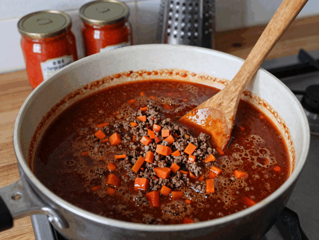 Bolognese köchelt offen im großen Topf, daneben leere Tomatendosen und eine Reibe