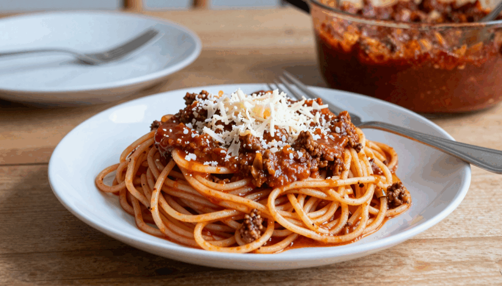 Teller Spaghetti Bolognese mit kräftiger Hackfleischsoße und Reibekäse