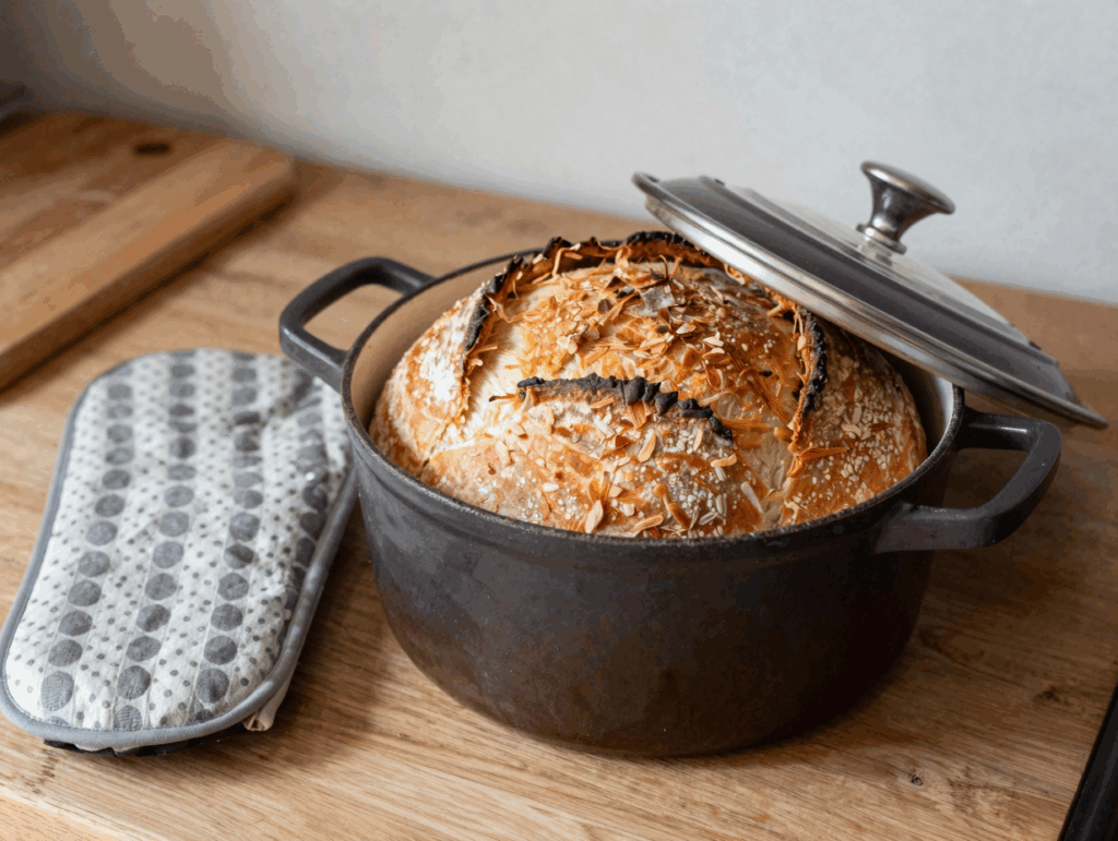 Frisch gebackenes Brot im Emailletopf, der Deckel liegt daneben