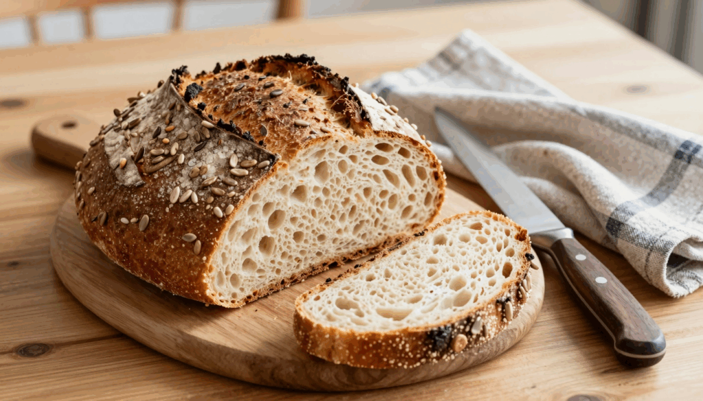 Rundes Topfbrot mit dunkler Kruste, angeschnitten auf einem Holzbrett