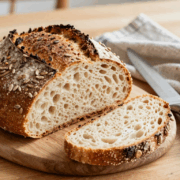Rundes Topfbrot mit dunkler Kruste, angeschnitten auf einem Holzbrett