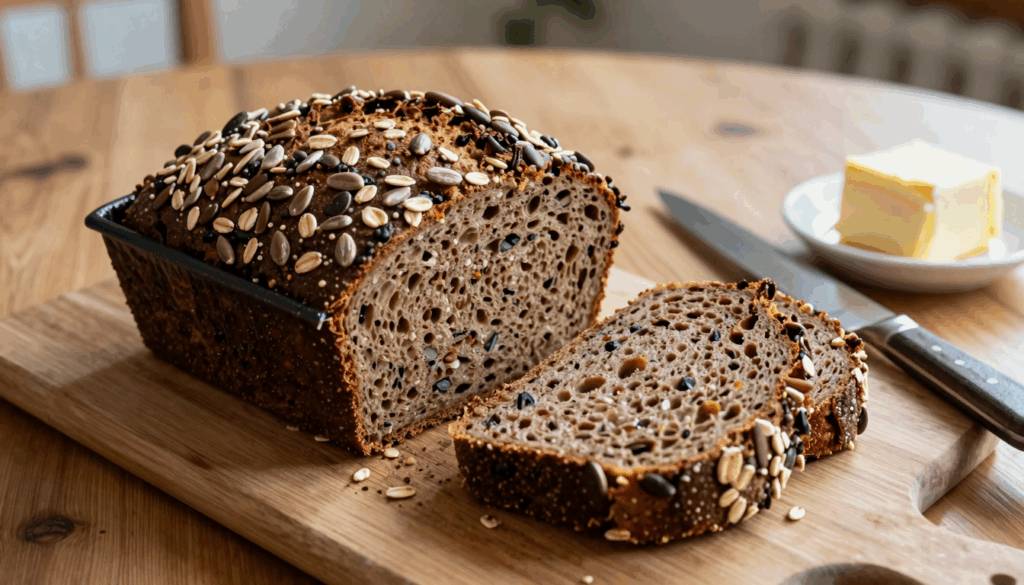 Vollkornbrot aus der Kastenform mit Kernen obendrauf, angeschnitten auf einem Holzbrett