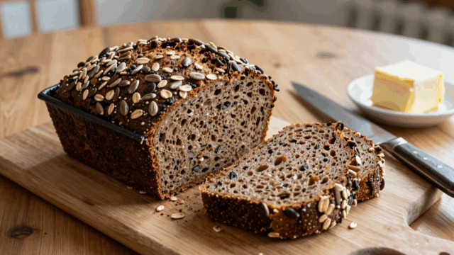 Vollkornbrot aus der Kastenform mit Kernen obendrauf, angeschnitten auf einem Holzbrett
