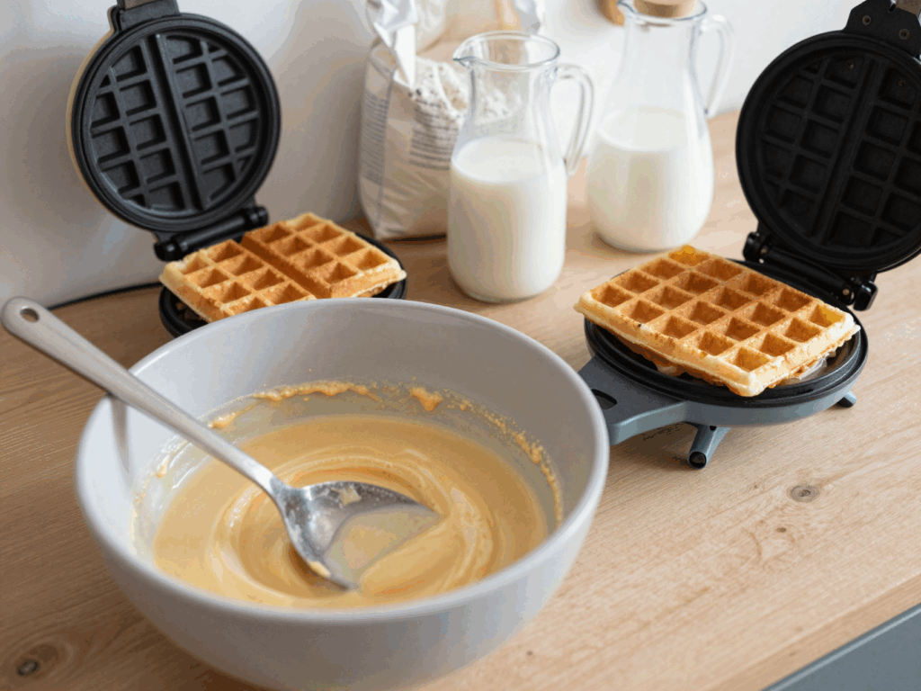Dickflüssiger Waffelteig in der Schüssel, daneben das offene Waffeleisen