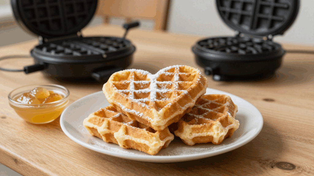 Stapel goldbrauner Herzwaffeln mit Puderzucker, daneben eine Schale Apfelmus