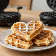 Stapel goldbrauner Herzwaffeln mit Puderzucker, daneben eine Schale Apfelmus