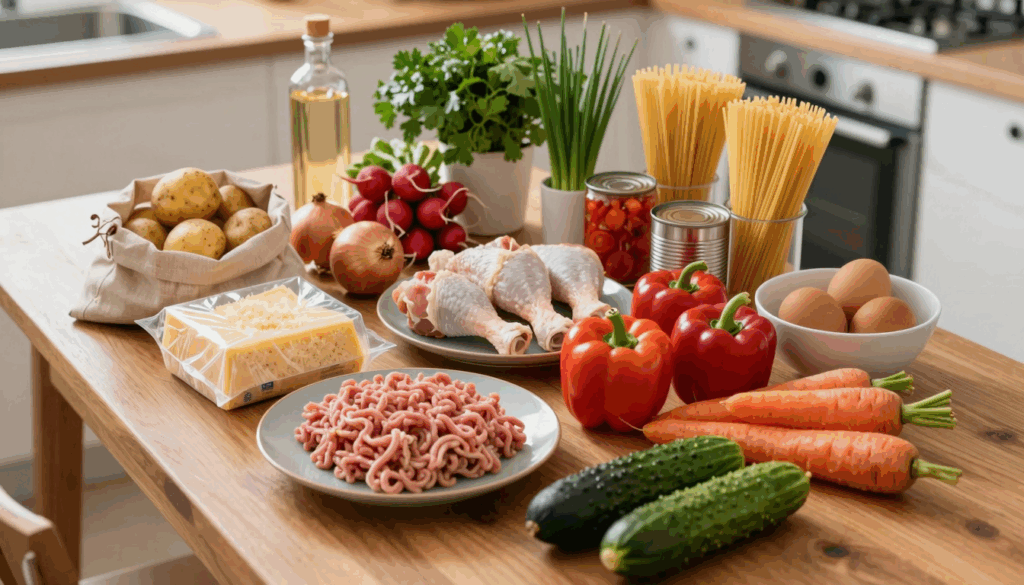 Der ganze Wocheneinkauf für sieben Abendessen auf dem Küchentisch ausgebreitet