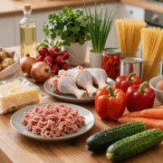 Der ganze Wocheneinkauf für sieben Abendessen auf dem Küchentisch ausgebreitet