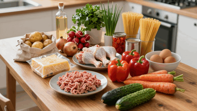 Der ganze Wocheneinkauf für sieben Abendessen auf dem Küchentisch ausgebreitet