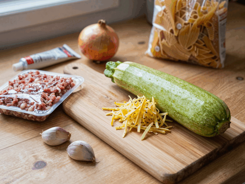 Grob geraspelte Zucchini auf dem Brett, daneben Hackfleisch, Zwiebel, Knoblauch und Tomatenmark