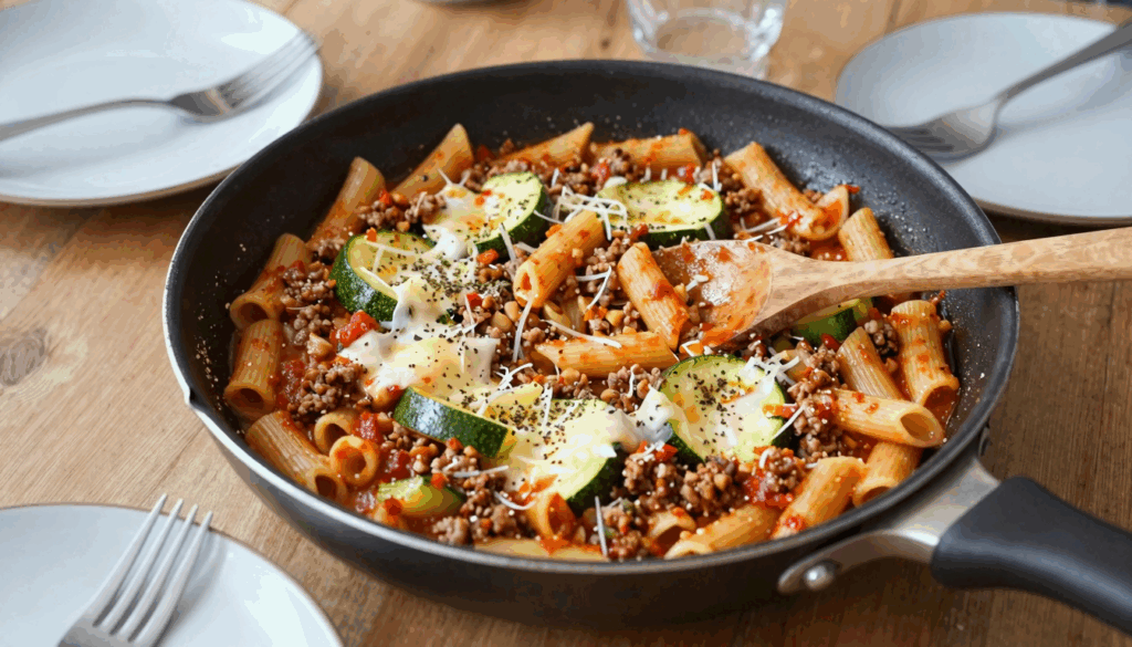 Nudelpfanne mit Hackfleisch, geraspelter Zucchini und geschmolzenem Käse
