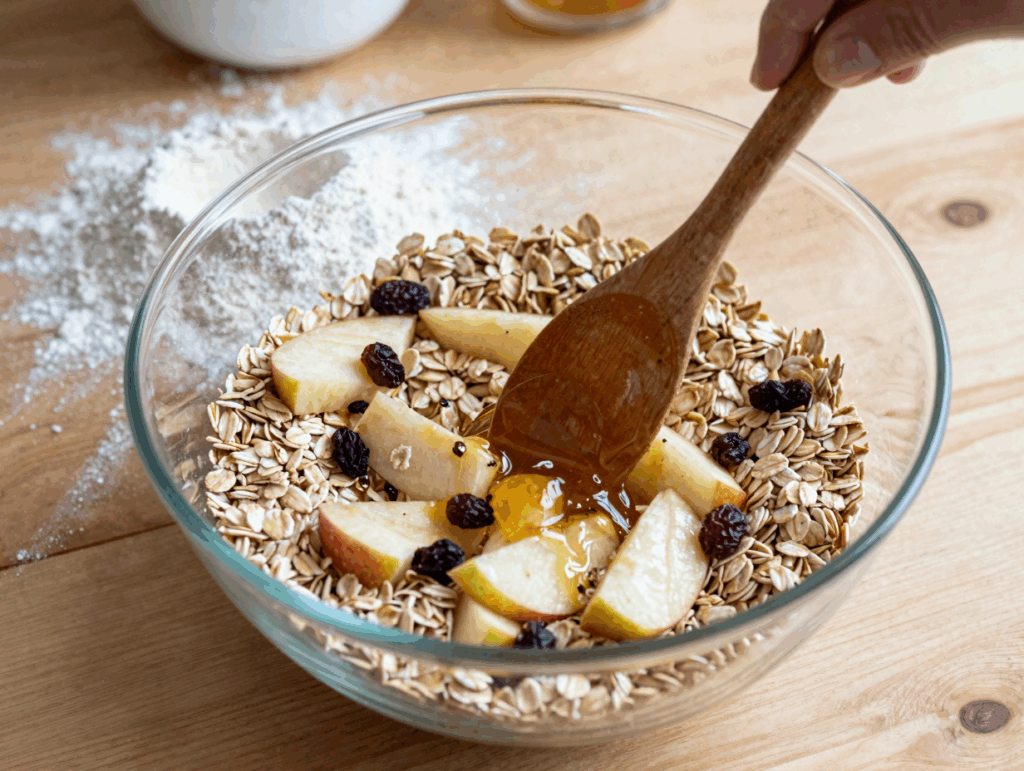Schüssel mit Haferflocken, geriebenem Apfel und Rosinen