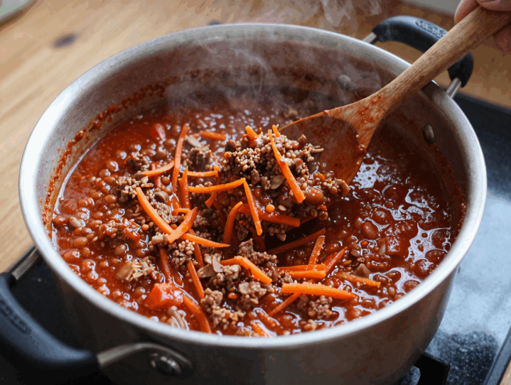 Rote Linsenbolognese köchelt im großen Topf