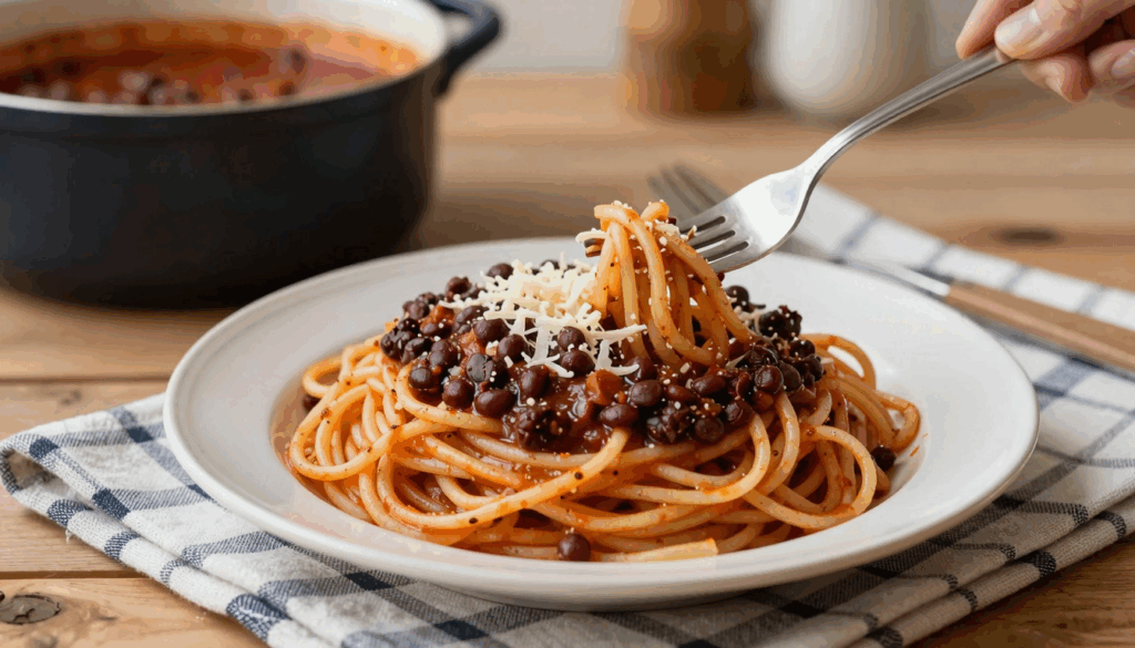 Teller Spaghetti mit dicker roter Linsenbolognese und geriebenem Käse