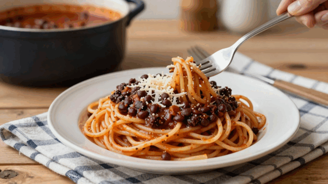 Teller Spaghetti mit dicker roter Linsenbolognese und geriebenem Käse