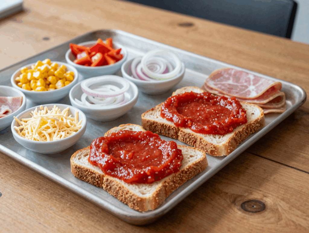 Brotscheiben auf dem Blech mit Tomatensauce und Schüsseln voller Belag daneben