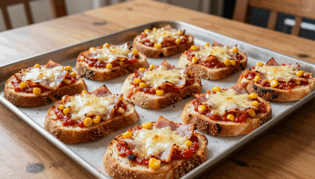 Zwölf belegte Brotscheiben mit geschmolzenem Käse auf dem Backblech