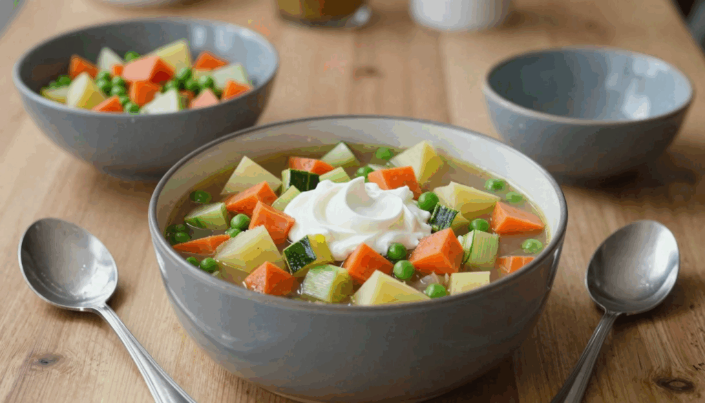 Bunte stückige Gemüsesuppe mit Möhren, Kartoffeln und Erbsen im Topf