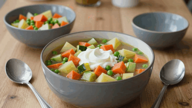 Bunte stückige Gemüsesuppe mit Möhren, Kartoffeln und Erbsen im Topf