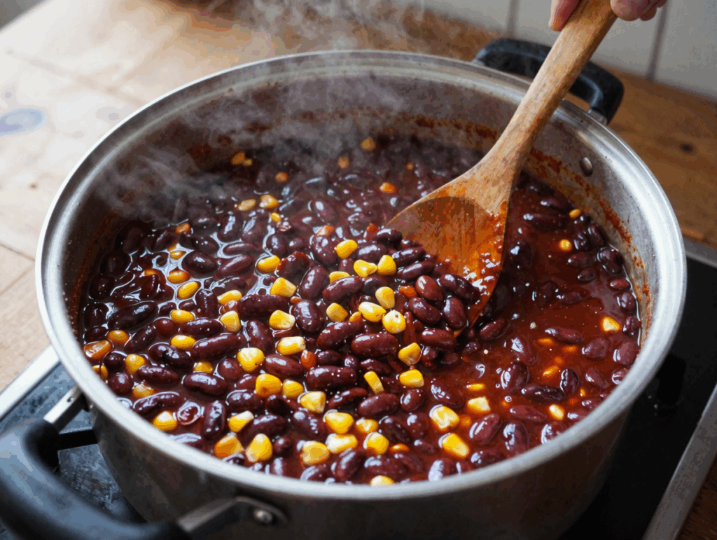 Großer Topf voll Chili con Carne mit Bohnen und Mais