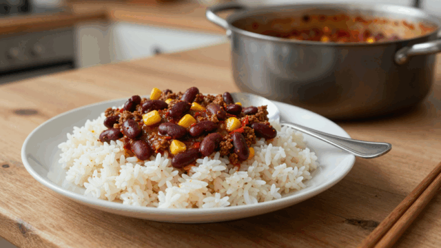 Teller Reis mit dickem Chili con Carne aus Bohnen, Mais und Hackfleisch