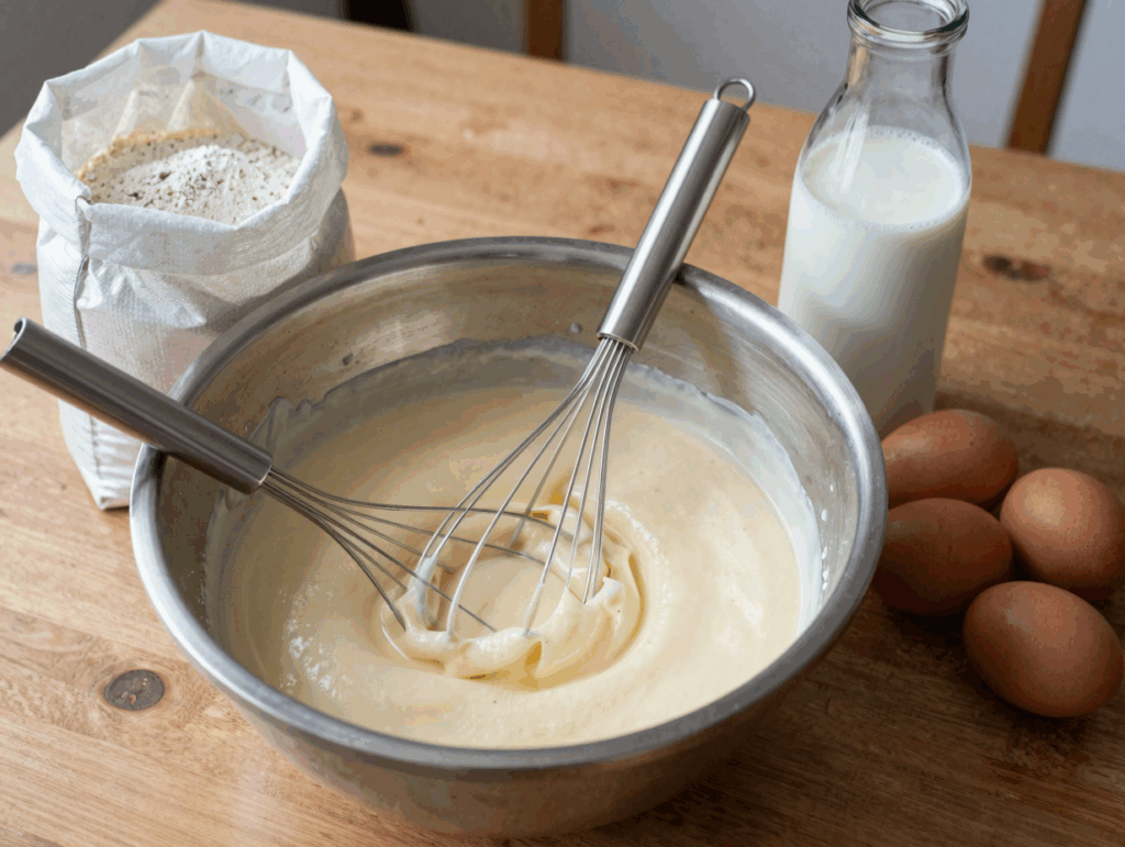 Pfannkuchenteig in der Schüssel neben Mehl, Milch und Eiern