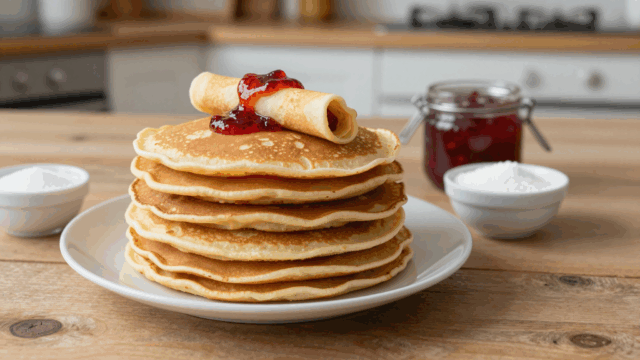 Stapel dünner Pfannkuchen mit Marmelade auf einem Teller