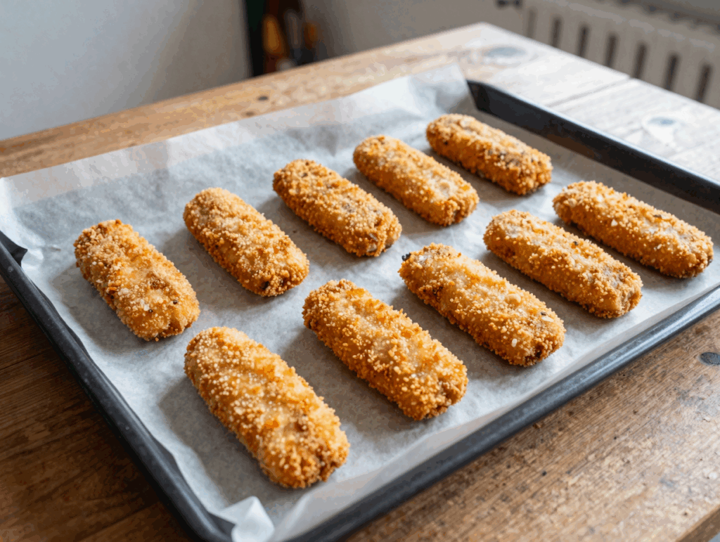 Gefrorene Fischstäbchen liegen mit Abstand auf dem Backblech