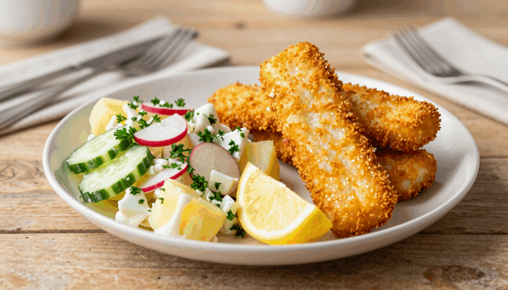 Knusprige Fischstäbchen aus dem Ofen mit Kartoffelsalat und Zitronenspalte