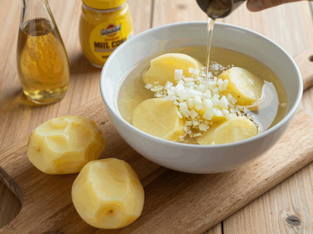 Heiße Brühe mit Zwiebelwürfeln wird über warme Kartoffelscheiben gegossen