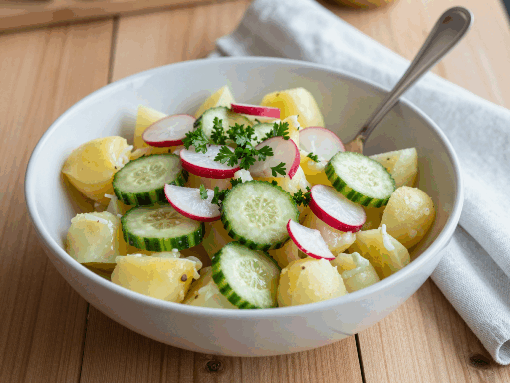 Fertiger Kartoffelsalat mit Gurke, Radieschen und Petersilie in der Schüssel