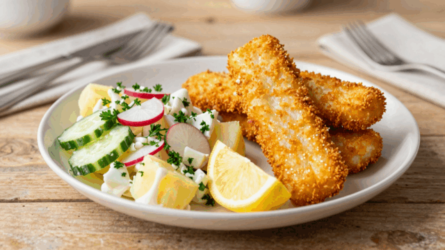 Knusprige Fischstäbchen aus dem Ofen mit Kartoffelsalat und Zitronenspalte