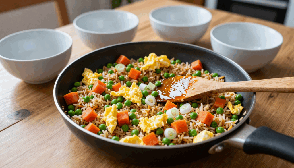 Gebratener Reis mit Erbsen, Möhrenwürfeln, Ei und Frühlingszwiebeln in der Pfanne
