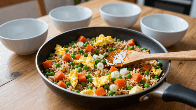Gebratener Reis mit Erbsen, Möhrenwürfeln, Ei und Frühlingszwiebeln in der Pfanne