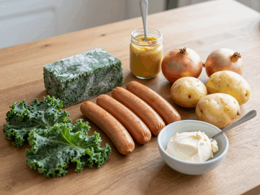 Tiefkühl-Grünkohl, Mettenden, Kartoffeln, Zwiebeln und Senf auf dem Küchentisch