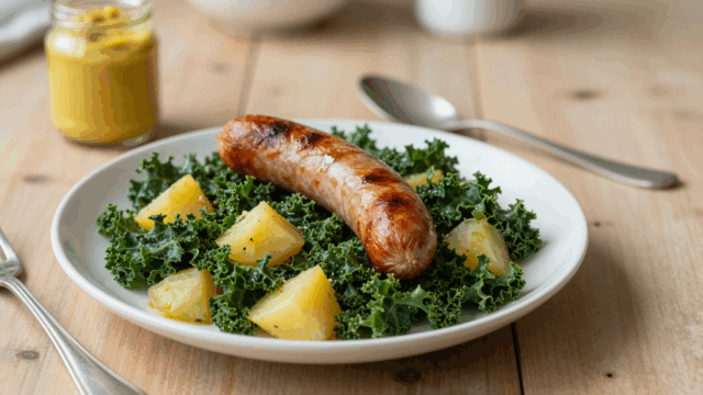 Tiefer Teller Grünkohleintopf mit Kartoffeln und einer Mettende