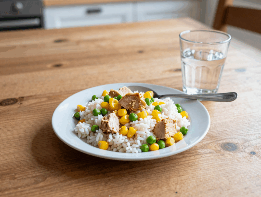 Ein Kinderteller mit Reis, Mais, Erbsen und abgelöstem Hähnchenfleisch