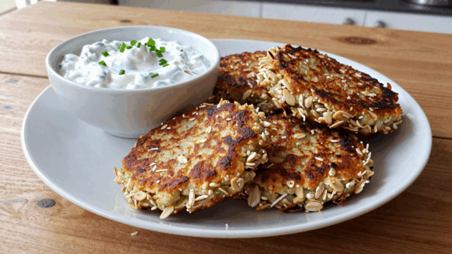 Goldbraun gebratene Haferflocken-Bratlinge auf einem Teller mit Joghurt-Kräuter-Dip