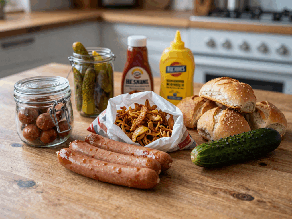 Würstchenglas, Brötchen, Röstzwiebeln, Gurken, Ketchup und Senf auf der Arbeitsplatte